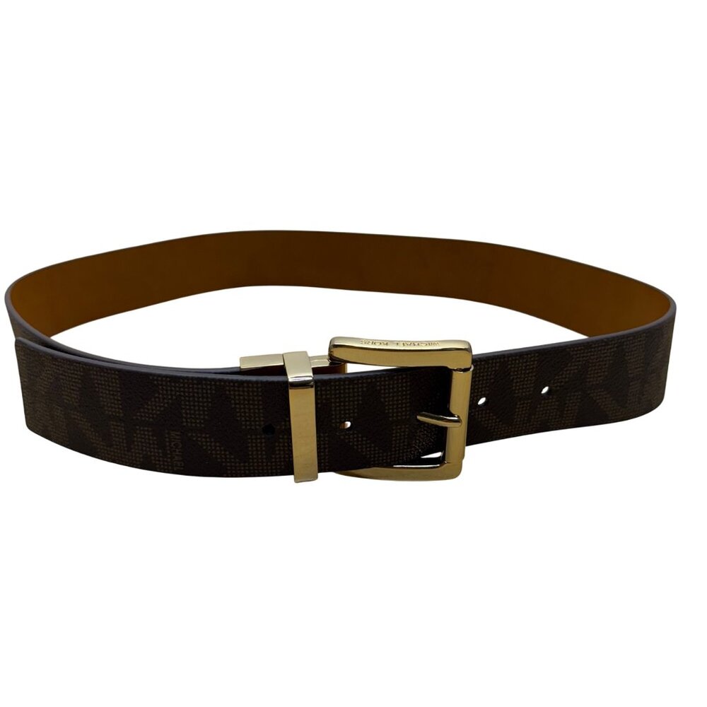 Michael Kors Womens Reversible Tan/Brown Synthetic Leather Logo Belt Small Gold